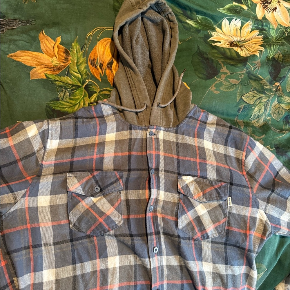 Hurley Gray and Red Plaid Hooded Shirt